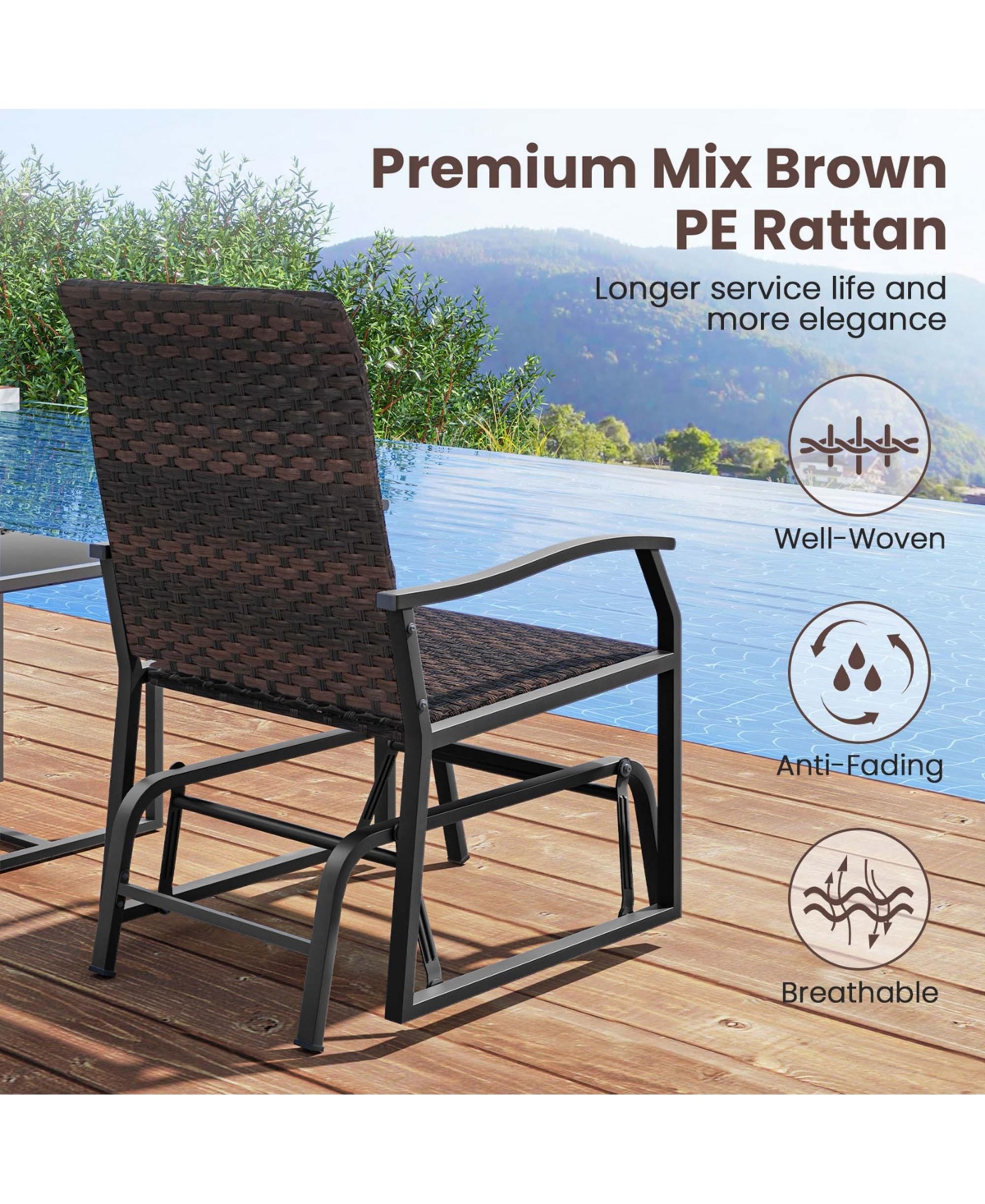 3 Pcs Patio Gliding Set with Tempered Glass Coffee Table Quick Dry Foam Wicker