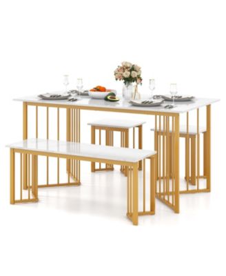 4 Piece Dining Table Set with Bench and 2 Stools-White