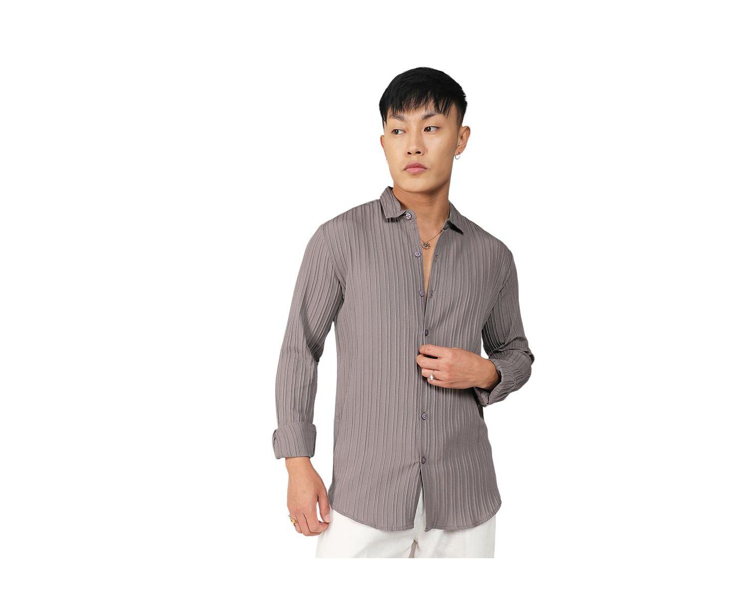 Men's Ash Grey Self-Design Striped Shirt