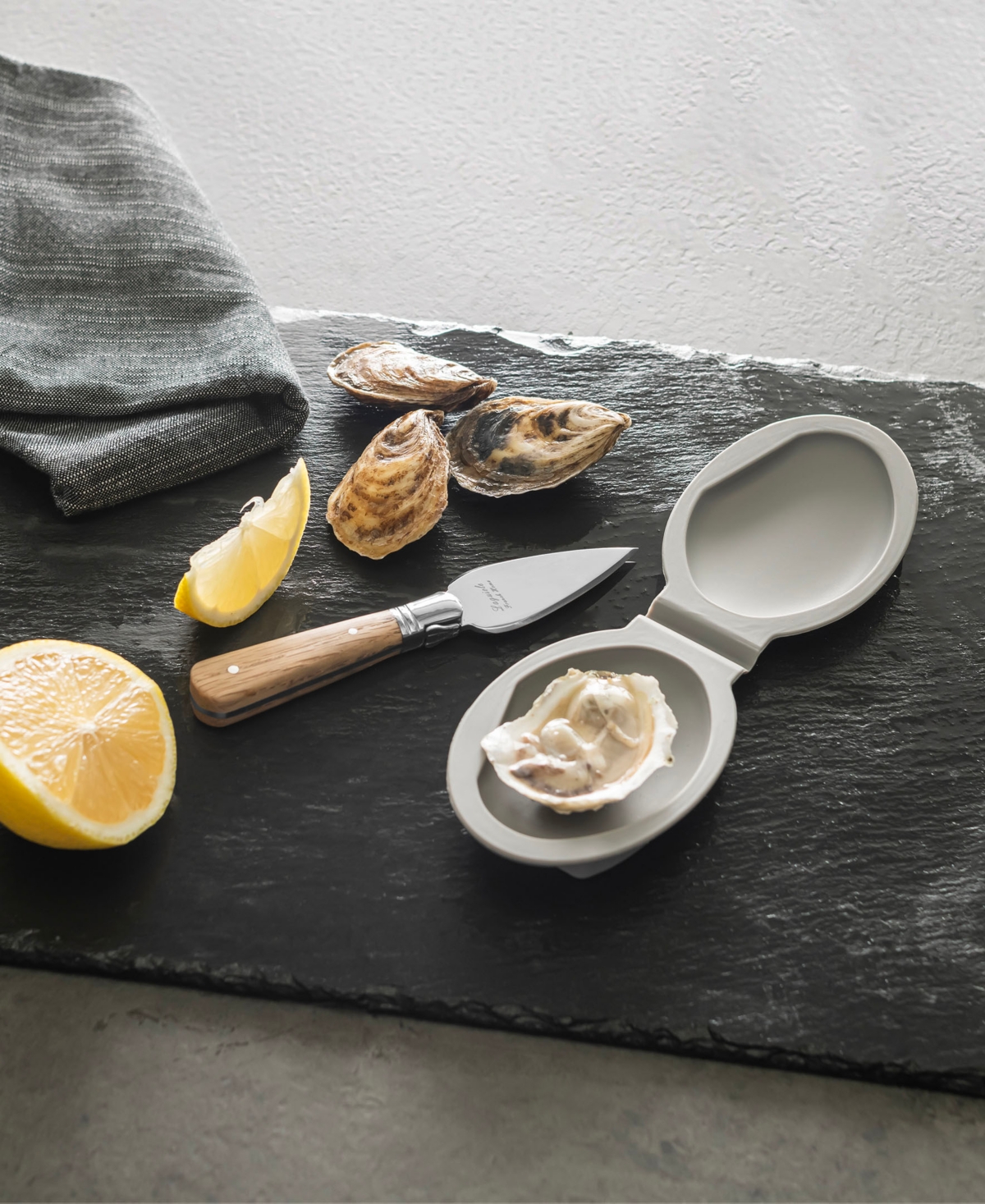French Home Laguiole 2 Piece Oyster Knife And Silicone Holder In Wood And Silver And Grey