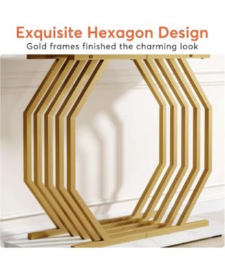 Gold Console Table, Faux Marble Entryway Narrow Sofa Table with Geometric Metal Base, 40 Inch Modern Accent Entrance Table