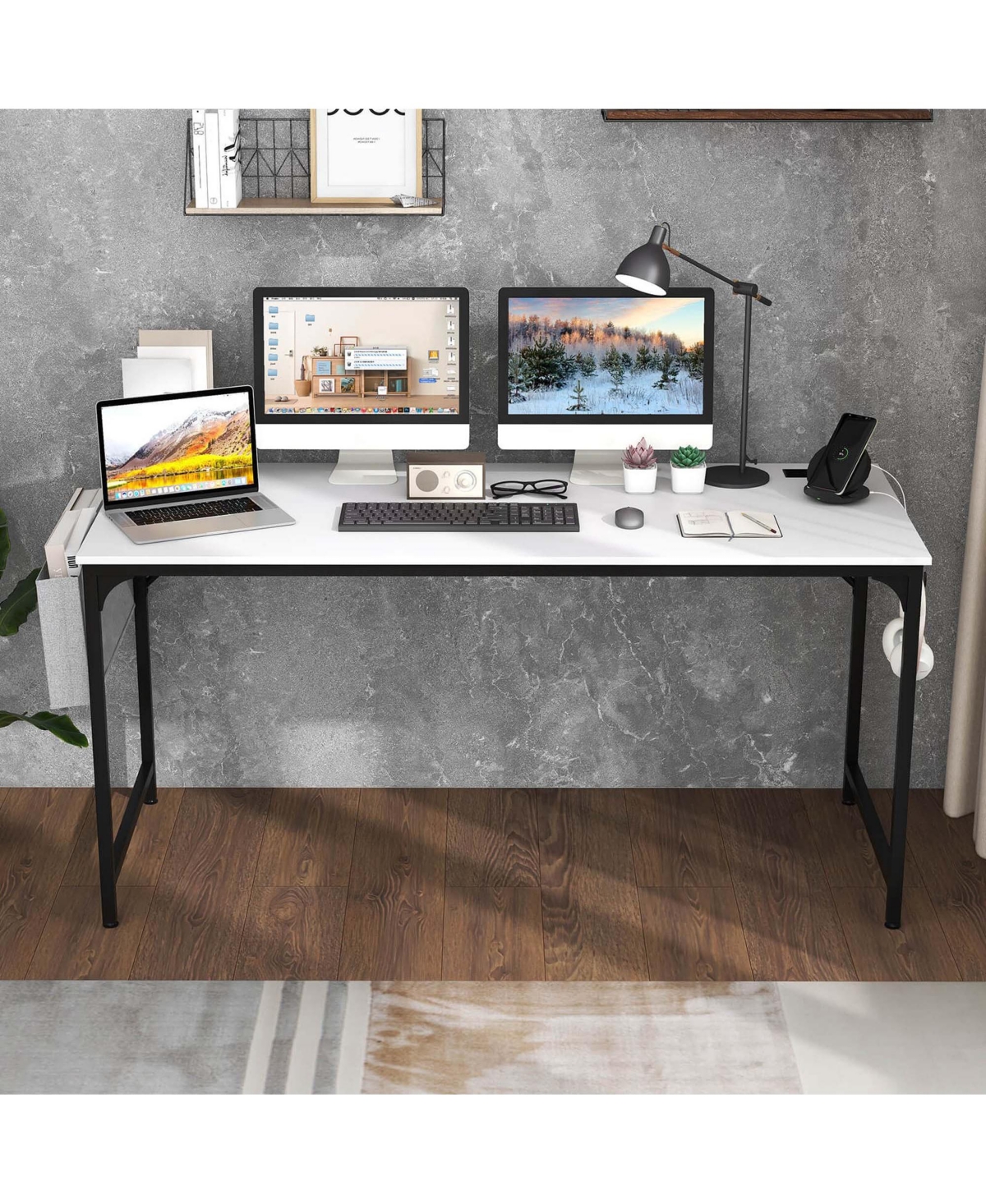 Costway 60" Modern Computer Desk with Charging Station with Storage Bag & Headphone Hook