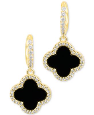 Gold Crystal Halo Colored Clover Dangle Huggie Earrings