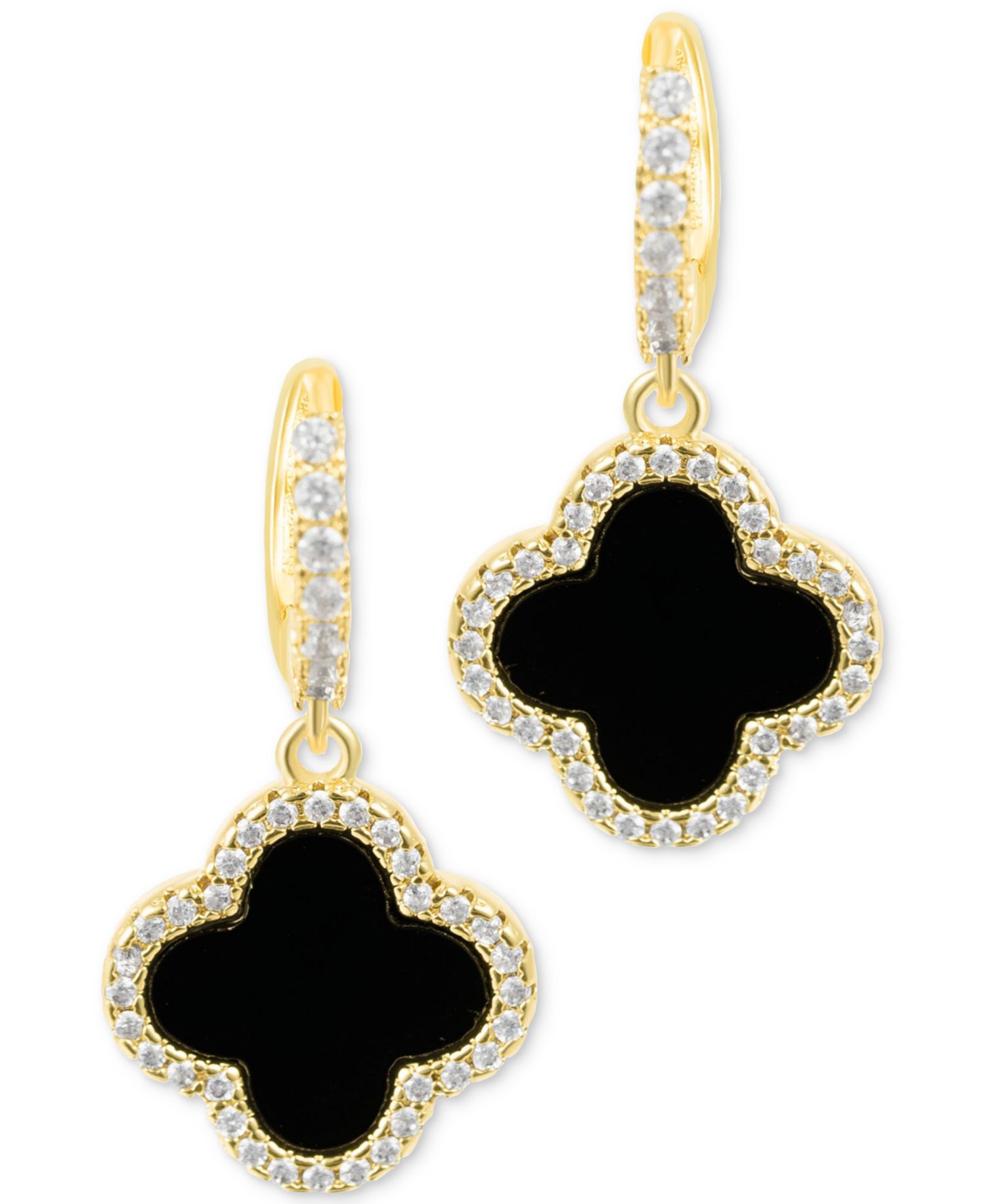 Gold Crystal Halo Colored Clover Dangle Huggie Earrings