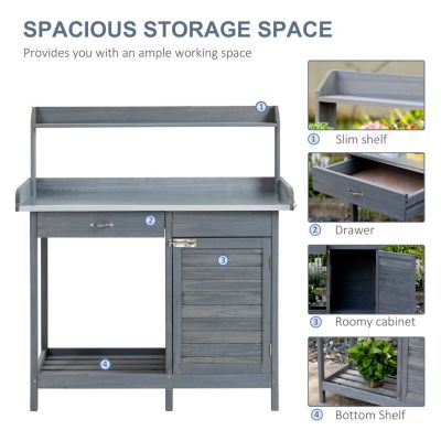 Outdoor Potting Table with Storage and Steel Top, Gray