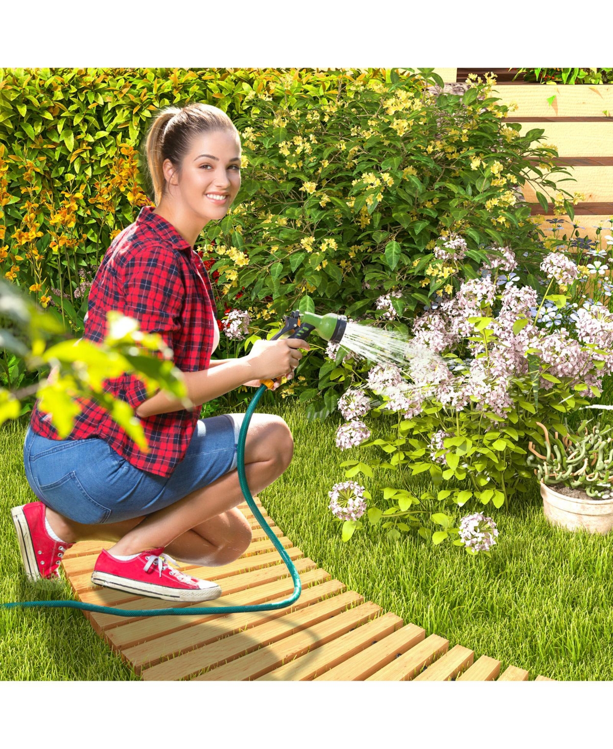 Sugift 7 Ft Wooden Garden Pathway Roll Out Curved Fir Wood Walkway with Anti-slip Surface