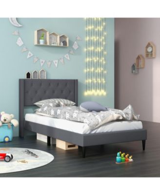 Twin Size Upholstered Platform Bed with Button Tufted Wingback Headboard-Blue