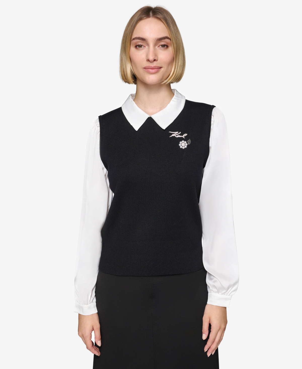 Karl Lagerfeld Women's Layered-look Charm Logo Sweater Top In Blk,wht