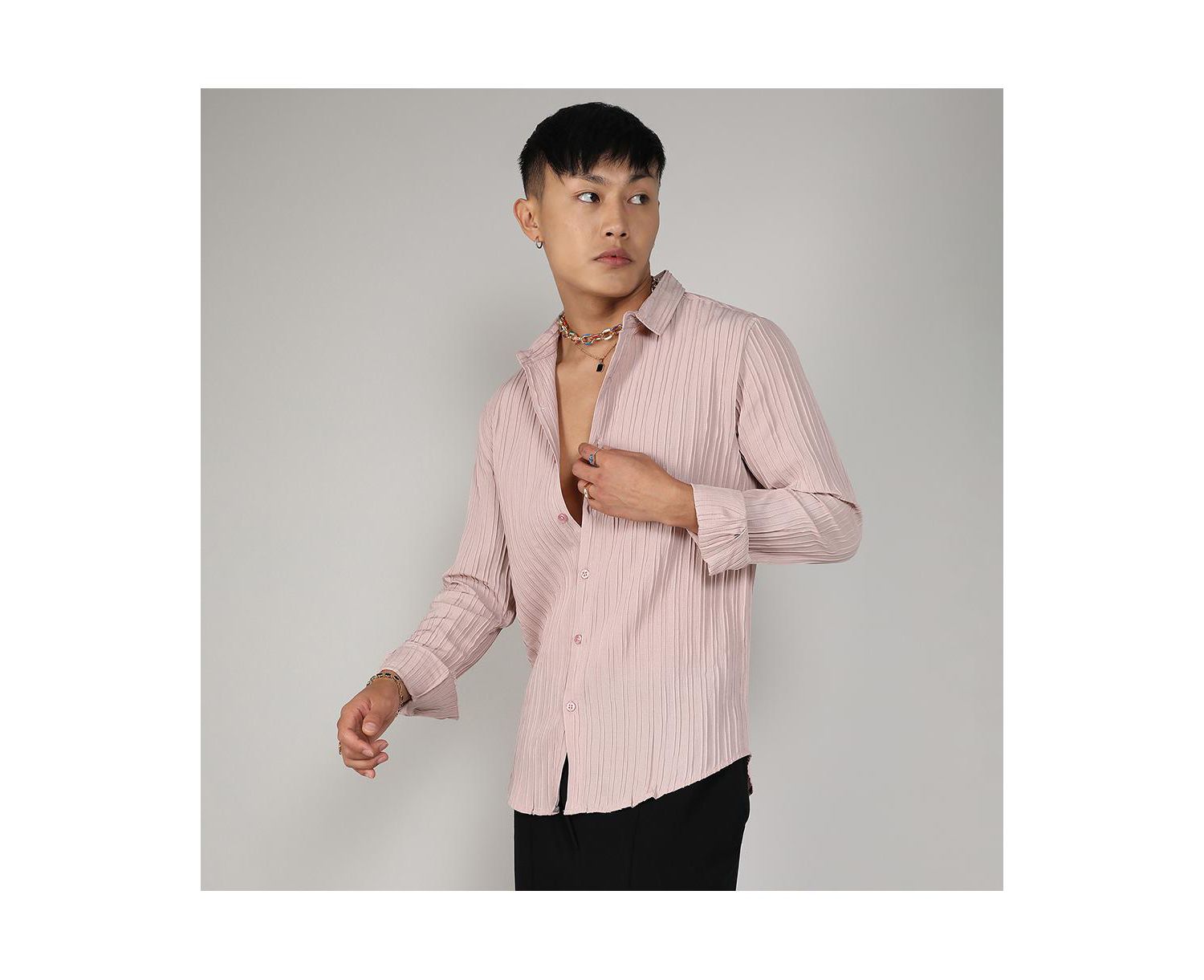 Men's Blush Pink Self-Design Striped Shirt