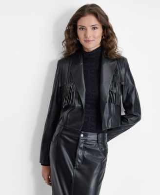 DKNY - Women's Faux-Leather Fringe-Trim Open-Front Jacket