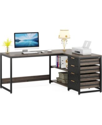 L Shaped Computer Desk with Storage Drawers, 59 inch Corner Desk with Shelves, Reversible L-Shaped Office Desk Writing Table Workstation for Home Office, Grey