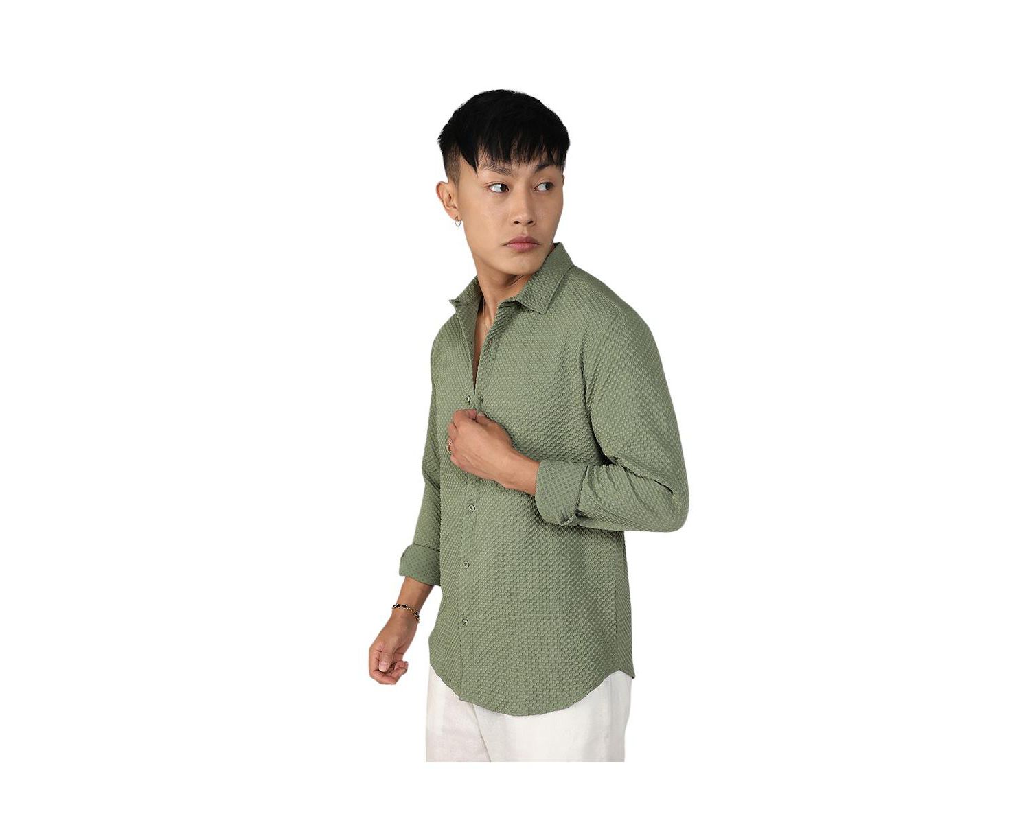 Men's Pistachio Green Textured Micro Buffalo Check Shirt
