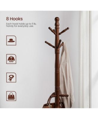 Coat Rack With 10 Hooks, Rubber Wood Coat Tree Free Standing, For Clothes, Hats, Handbags, Umbrella