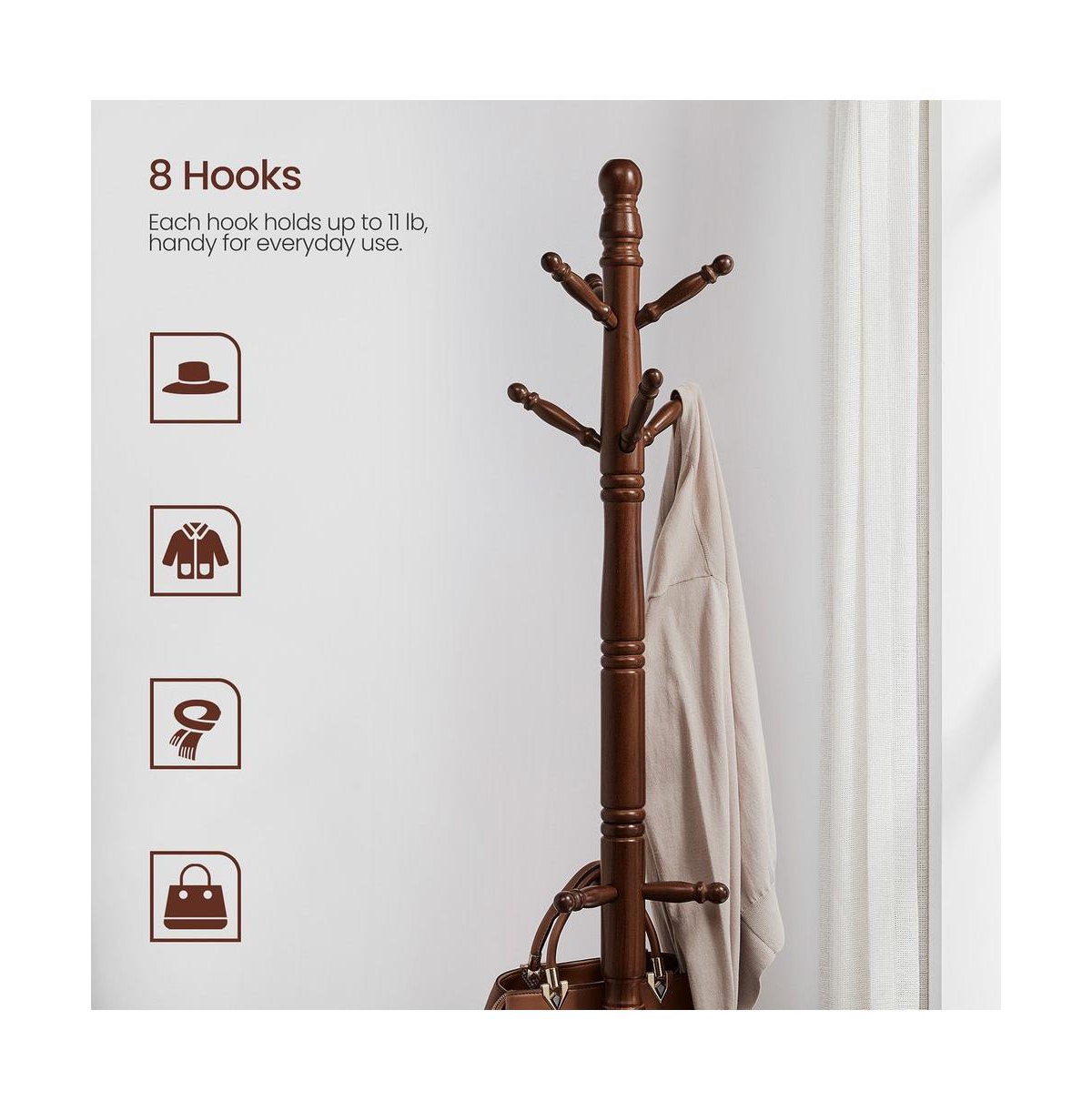 Slickblue Coat Rack With 10 Hooks, Rubber Wood Coat Tree Free Standing, For Clothes, Hats, Handbags, Umbrella