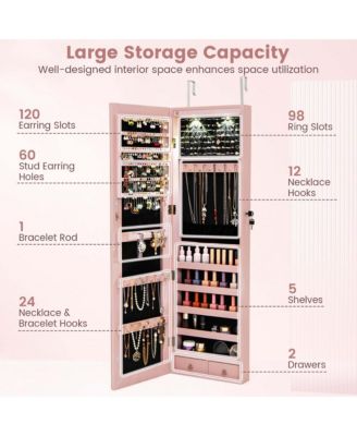 Mirrored Wall & Door Mounted Jewelry Cabinet Storage Organizer with Lights&Drawer