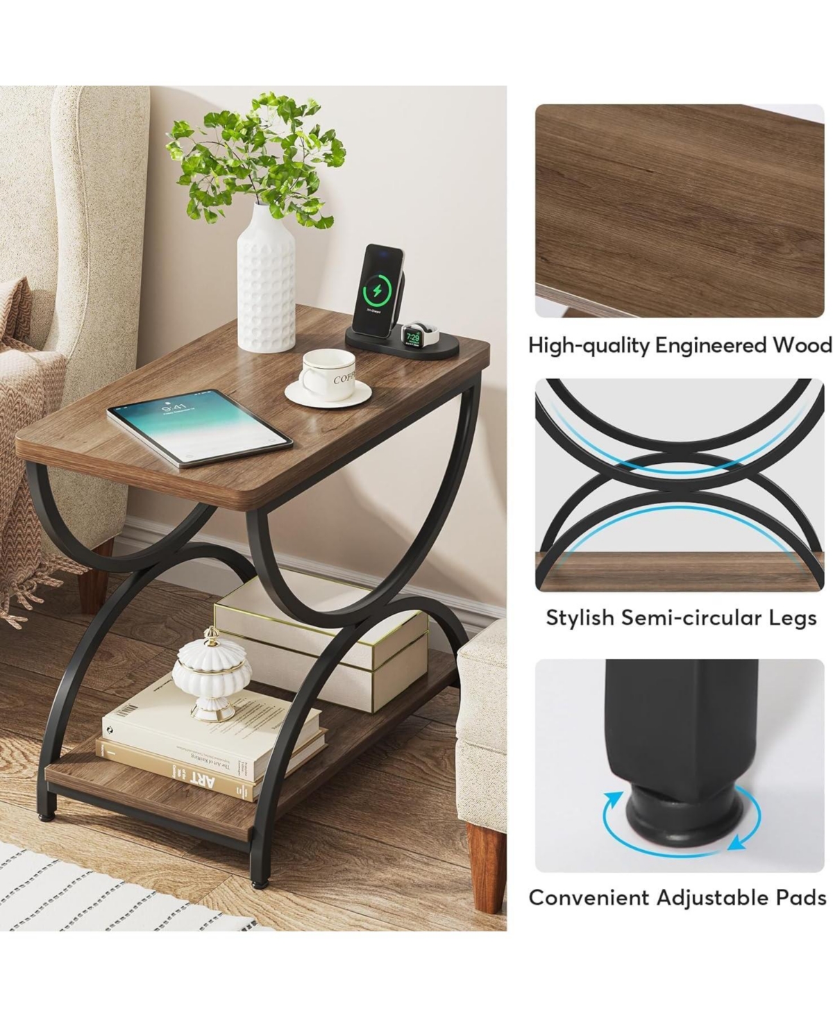 Tribesigns 2-Tier End Side Table with Stylish Metal Frame, Vintage Rectangular Bedside Nightstand for Bedroom, Wood and Metal Chair Side Tables Living
