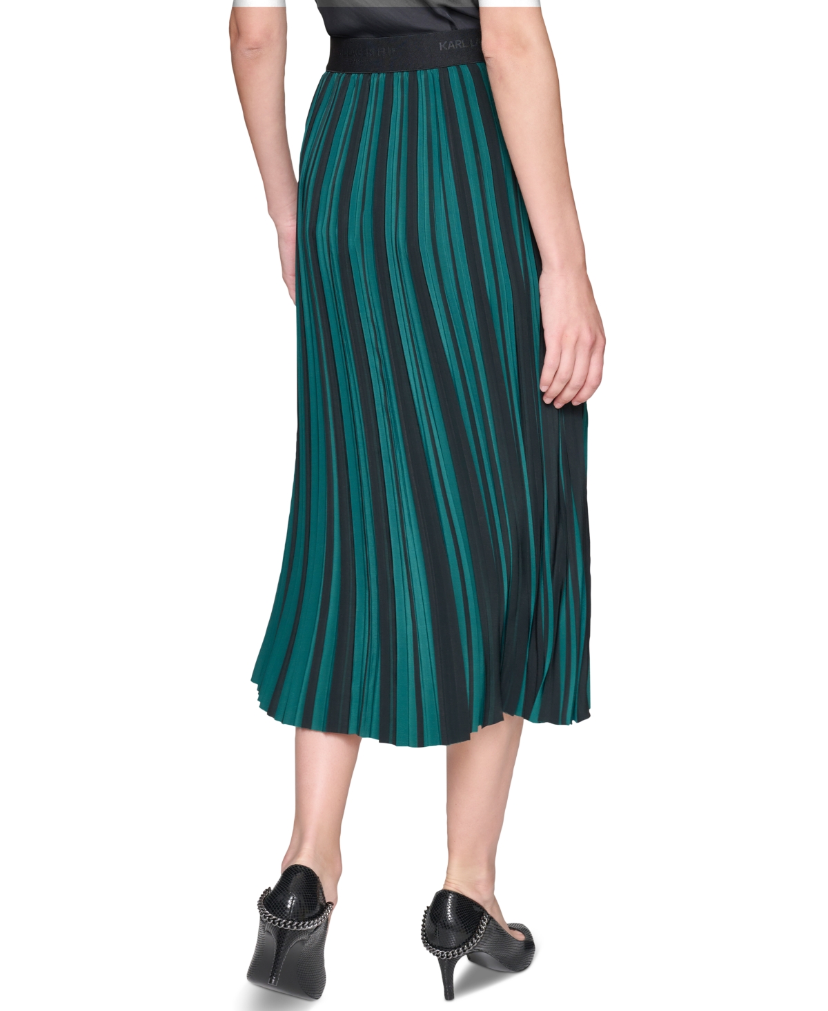 Karl Lagerfeld Paris Women's Striped Pleated Midi Skirt - Black  Green