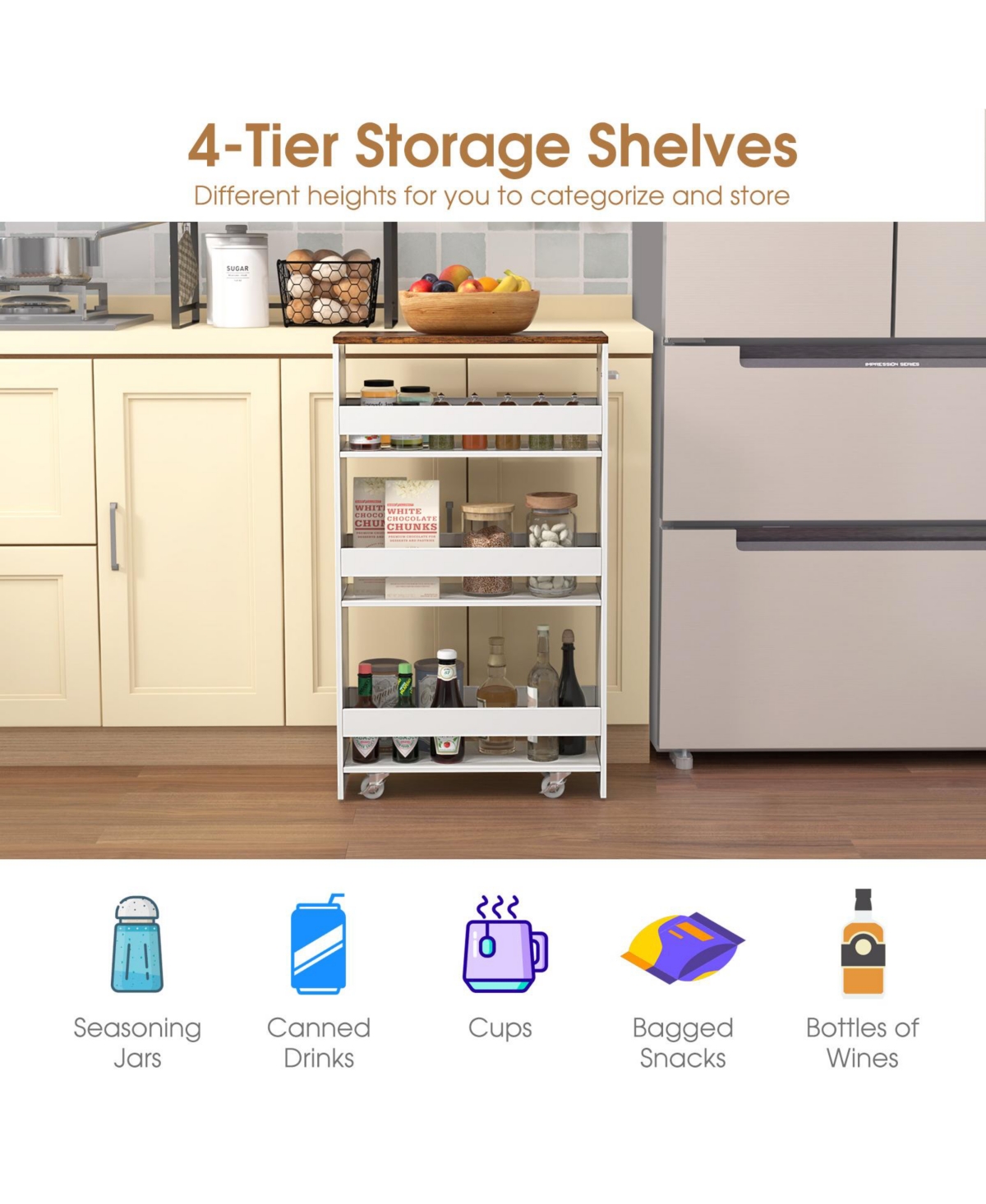 4-Tier Rolling Storage Cart Slim Kitchen Cart on Wheels with Open Shelves and Handle