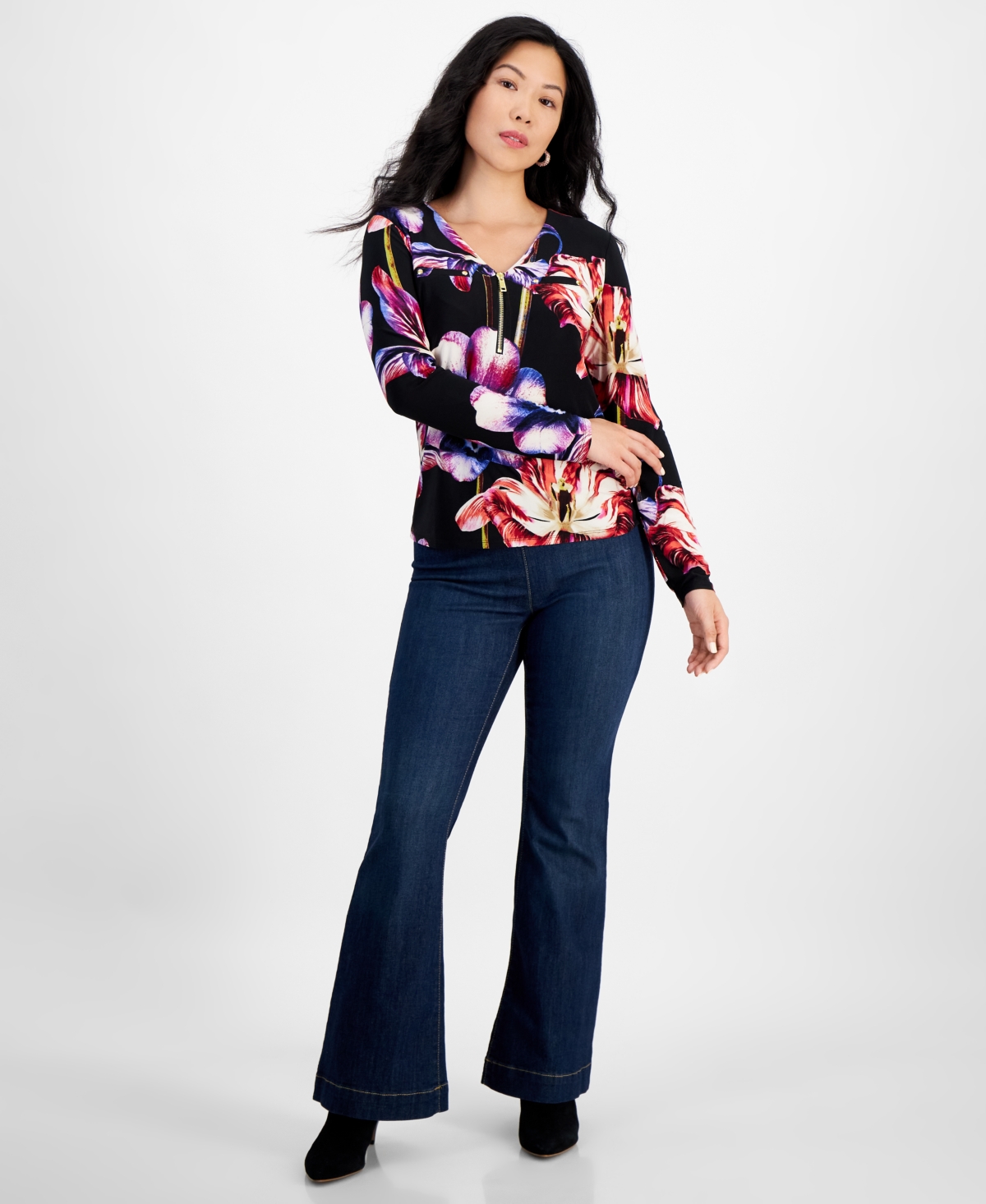 I.n.c. International Concepts Petite Floral-Print Zip-Front Blouse, Created for Macy's