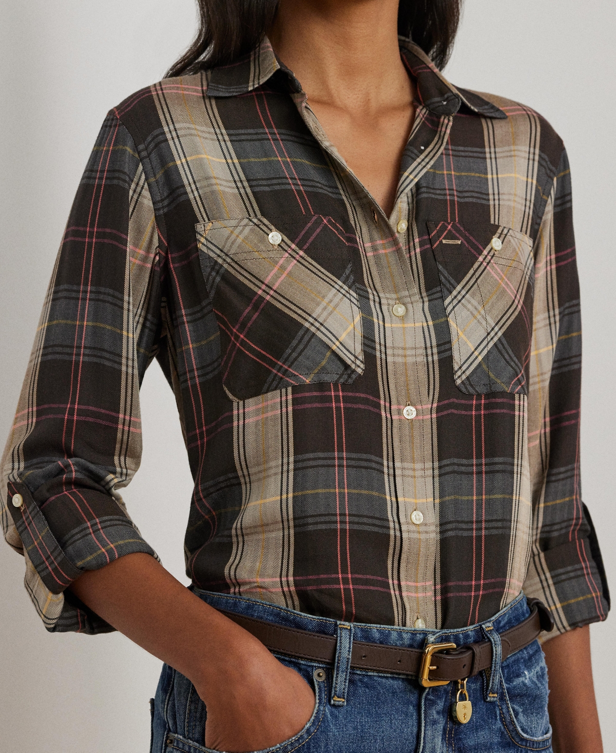 Lauren Ralph Lauren Women's Relaxed Fit Plaid Roll-Tab-Sleeve Shirt -Blue Multi