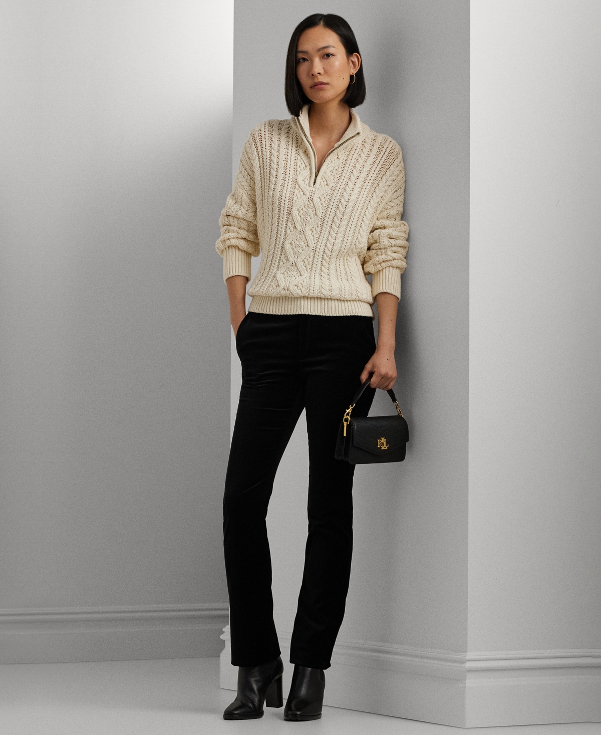 RALPH LAUREN WOMEN'S ARAN-KNIT COTTON QUARTER-ZIP PULLOVER