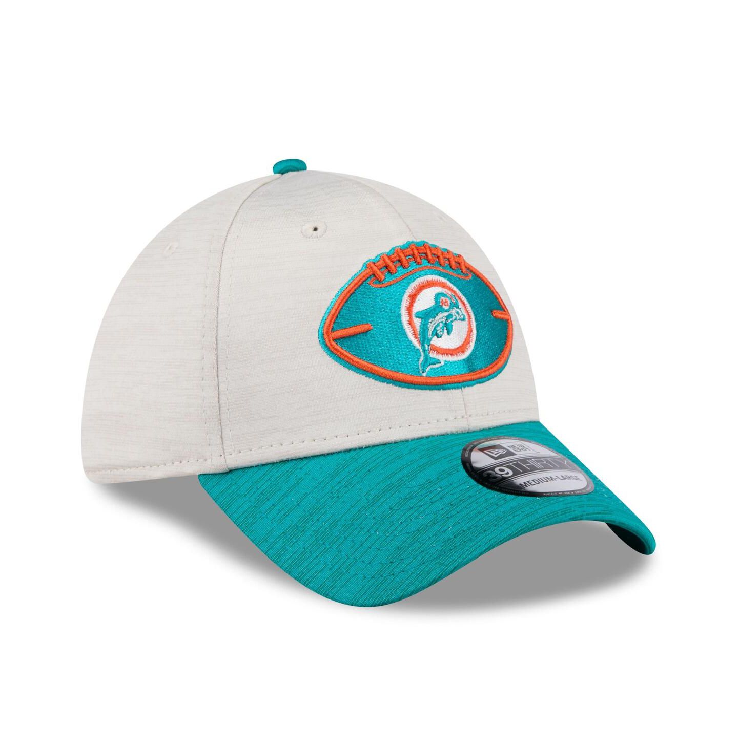 Мужская кепка New Era Stone/Aqua Miami Dolphins 2024 Sideline Historic 39THIRTY Flex Hat — фото 3