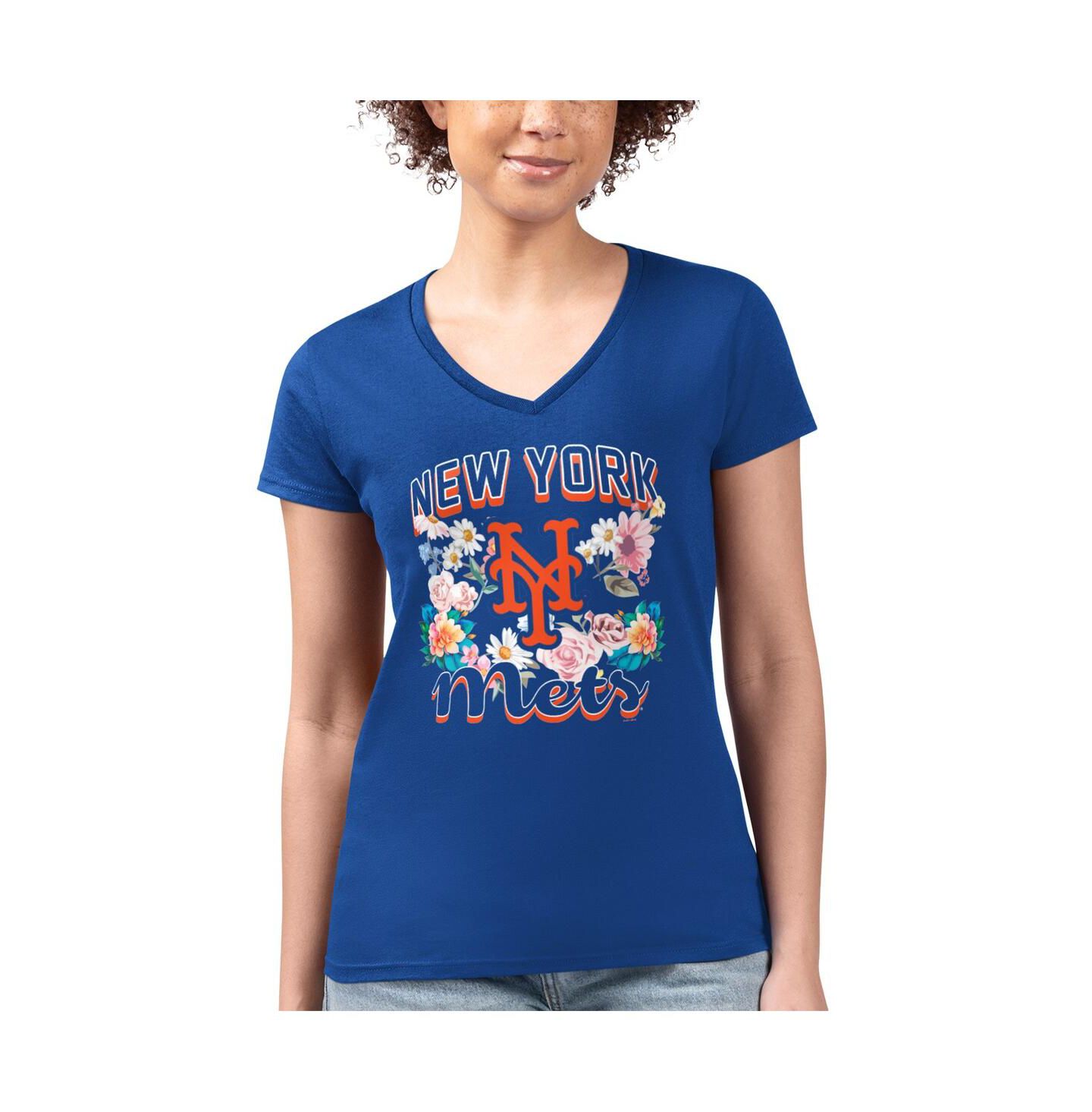 Женская футболка G-III 4Her by Carl Banks Royal New York Mets Flowers Graphic Fitted V-Neck — фото 1