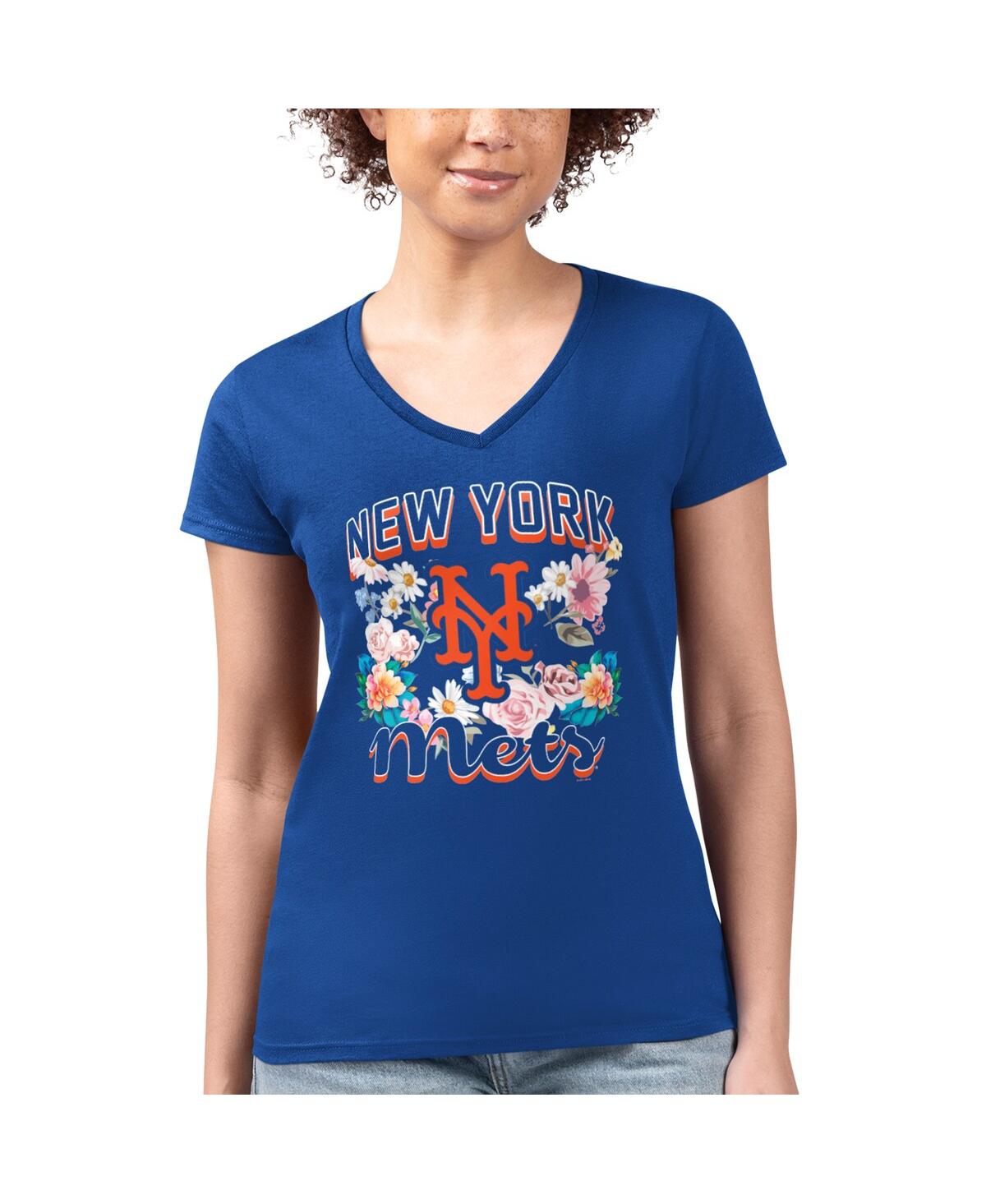 Women's Royal New York Mets Flowers Graphic Fitted V-Neck T-Shirt - Royal