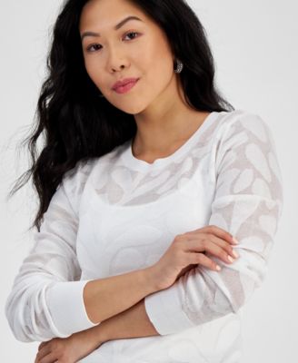 Petite Floral-Jacquard Long-Sleeve Top