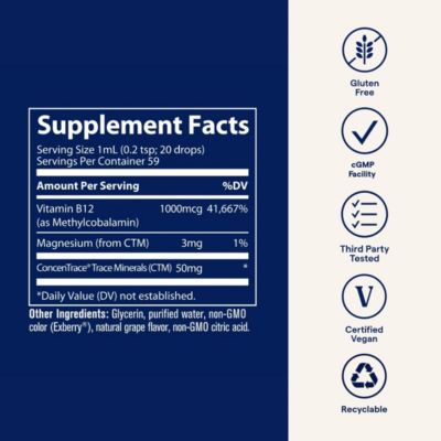 Ionic B12: Liquid B12 & magnesium for nerve health, enzyme & vitality support. Natural grape flavor. 2 fl oz (59 servings).