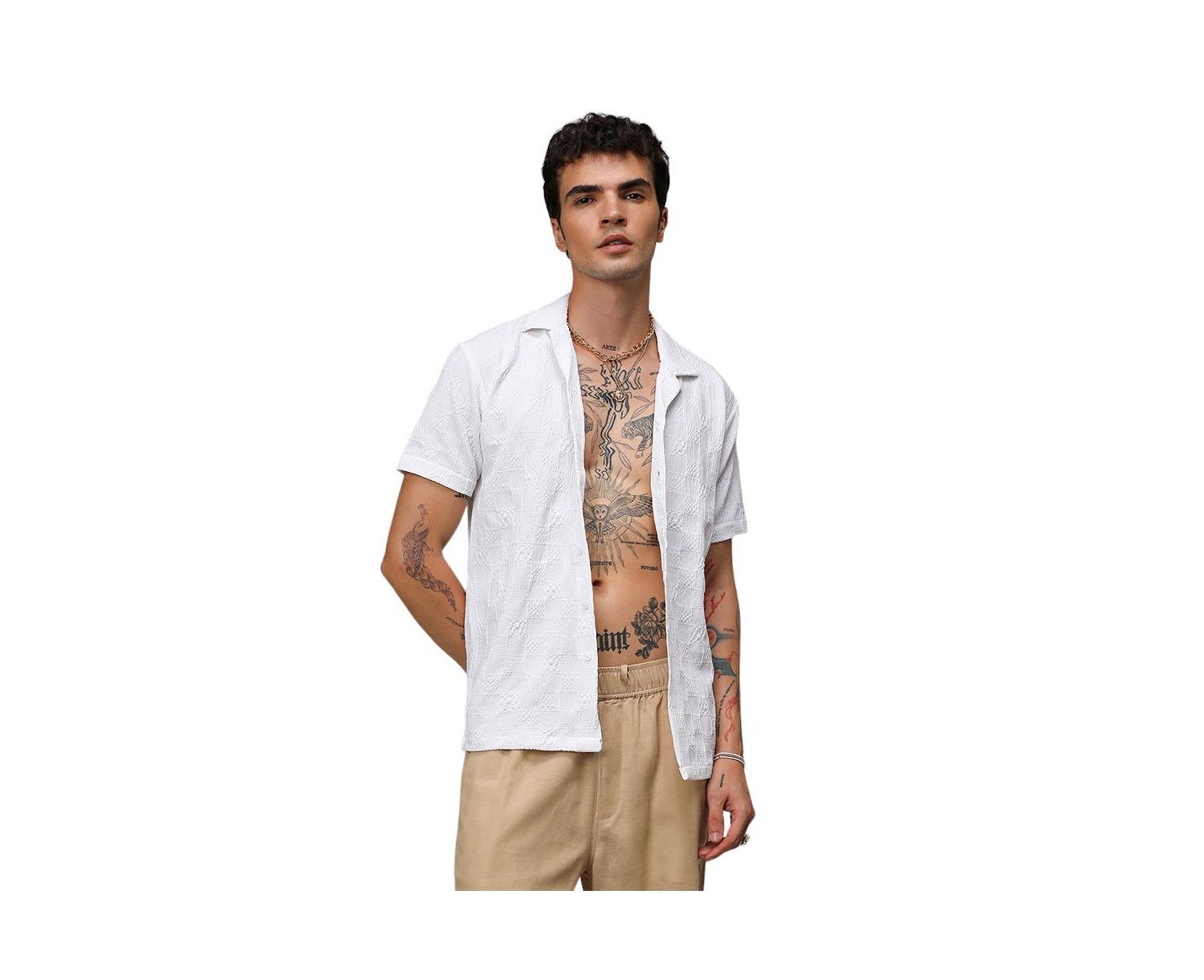 Men's Chalk White Creased-Check Shirt