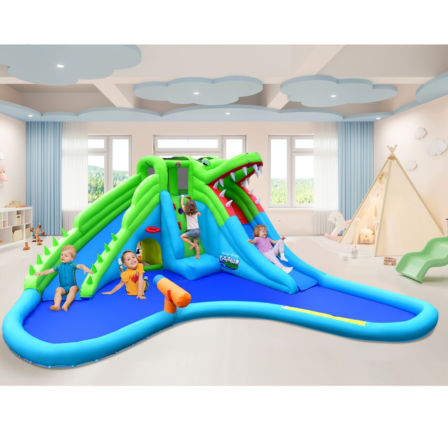 Детская игрушка Costway Crocodile Inflatable Water Slide Bounce Castle, 224.5"L x 203"W x 94.5"H, with 780W Air Blower, Ages 3-10, цвет: Синий — фото 3
