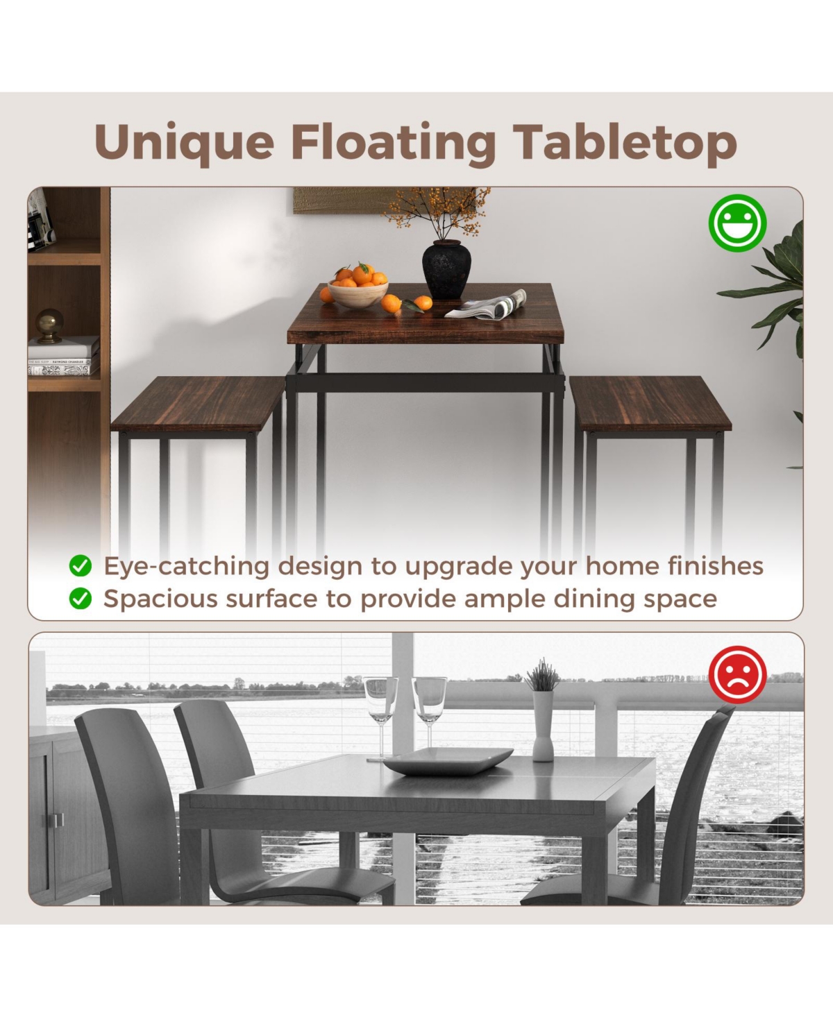 Sugift 3 Pieces Pub Dining Table Set with Floating Tabletop and Footrest