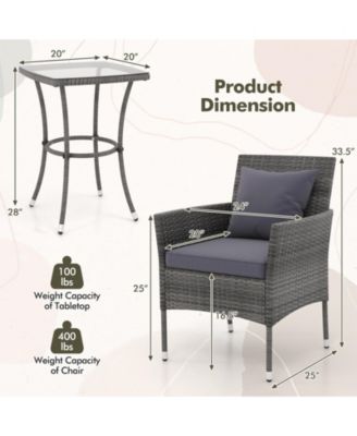 3 Pieces Patio Furniture Set with Cushioned Patio Chairs and Tempered Glass Coffee Table-Gray