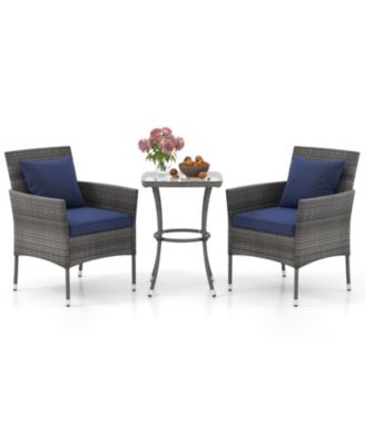 3 Pieces Patio Furniture Set with Cushioned Patio Chairs and Tempered Glass Coffee Table-Navy