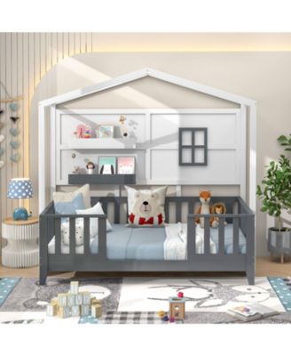 Twin Wood House Bed Montessori Floor Bed with 2 Shelves and Guardrails