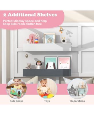 Twin Wood House Bed Montessori Floor Bed with 2 Shelves and Guardrails