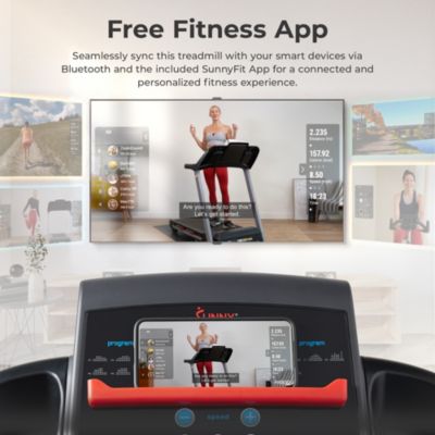 Adjustable Incline Foldable SMART Treadmill w Digital Monitor, Shock Absorption, Pulse Sensors, Handrail Controls, Exclusive SunnyFit App Bluetooth Connectivity