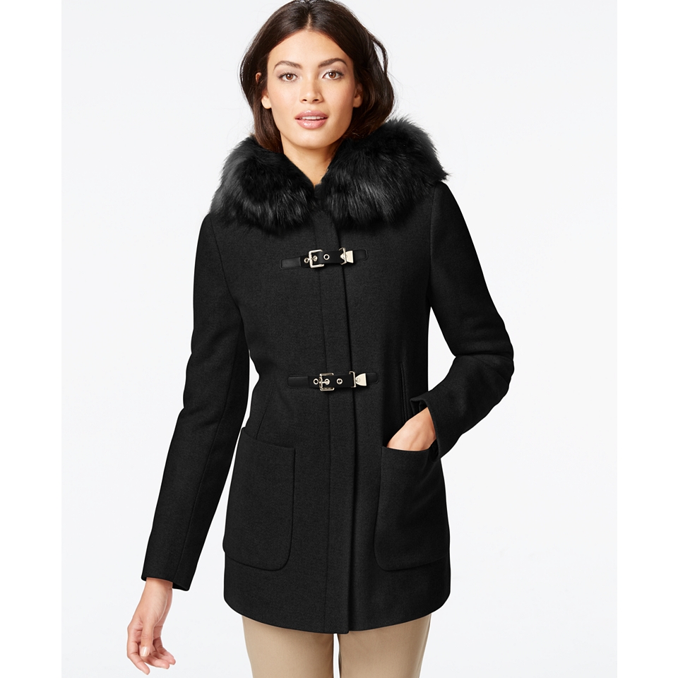 Calvin Klein Plus Size Faux Fur Trim Buckled Coat