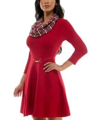 Juniors Plaid Scarf Belted Fit & Flare Sweater Dress