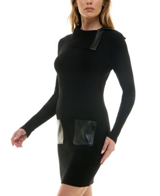 Juniors' Faux-Leather Long-Sleeve Sweater Dress