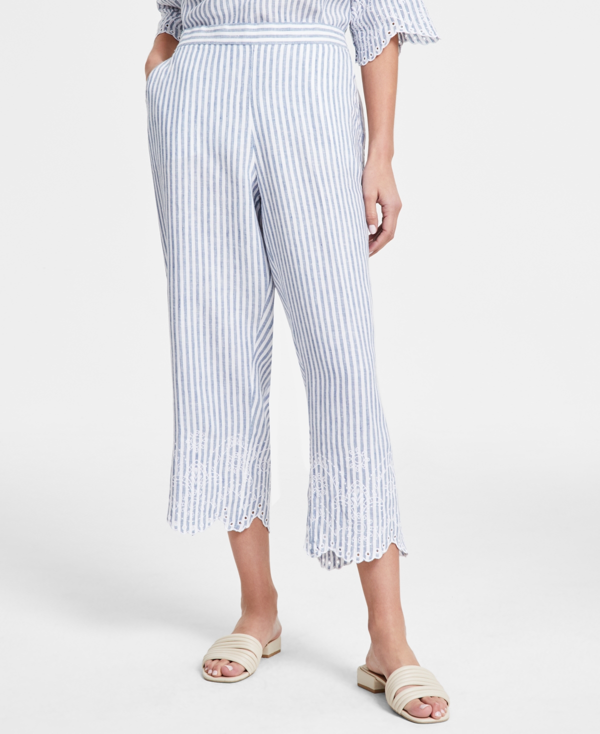 CHARTER CLUB WOMEN'S STRIPED 100% LINEN EYELET-TRIM PANTS, CREATED FOR MACY'S 