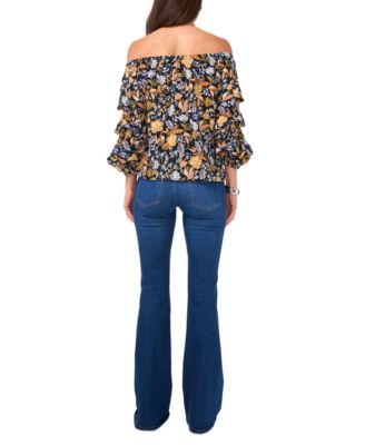 Women's Floral Off-The-Shoulder Bubble 3/4-Sleeve Tie-Front Blouse