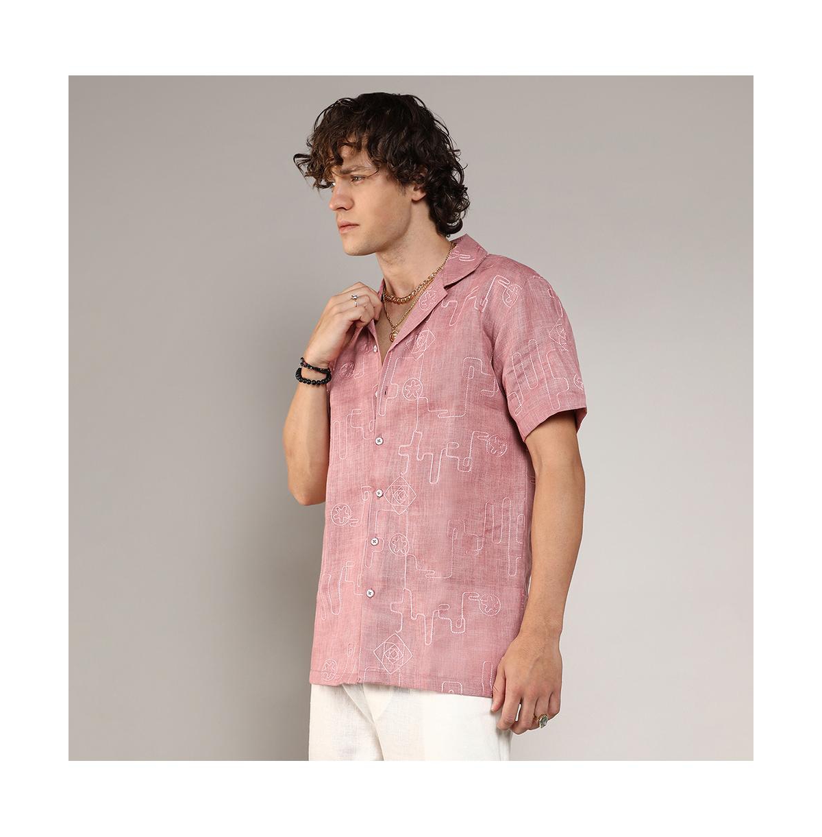 Campus Sutra Men's RougeEmbroidered Lined Shirt - Pink
