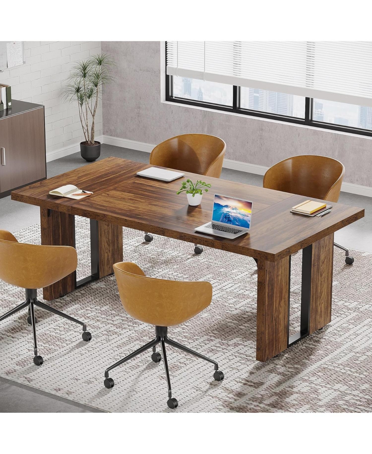 Tribesigns 63 Inches Farmhouse Dining Table for 6, Modern Kitchen Table with Fluted Line for Dining Room, Living Room, Natural