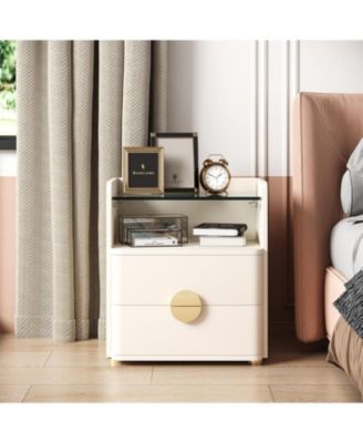 Modern Nightstands Set of 2, 2-Drawer Night Stand with Open Storage Space, Easy Assembly Wood Bed Side Table for Bedroom, Tempered Glasses Side End Table for Living Room