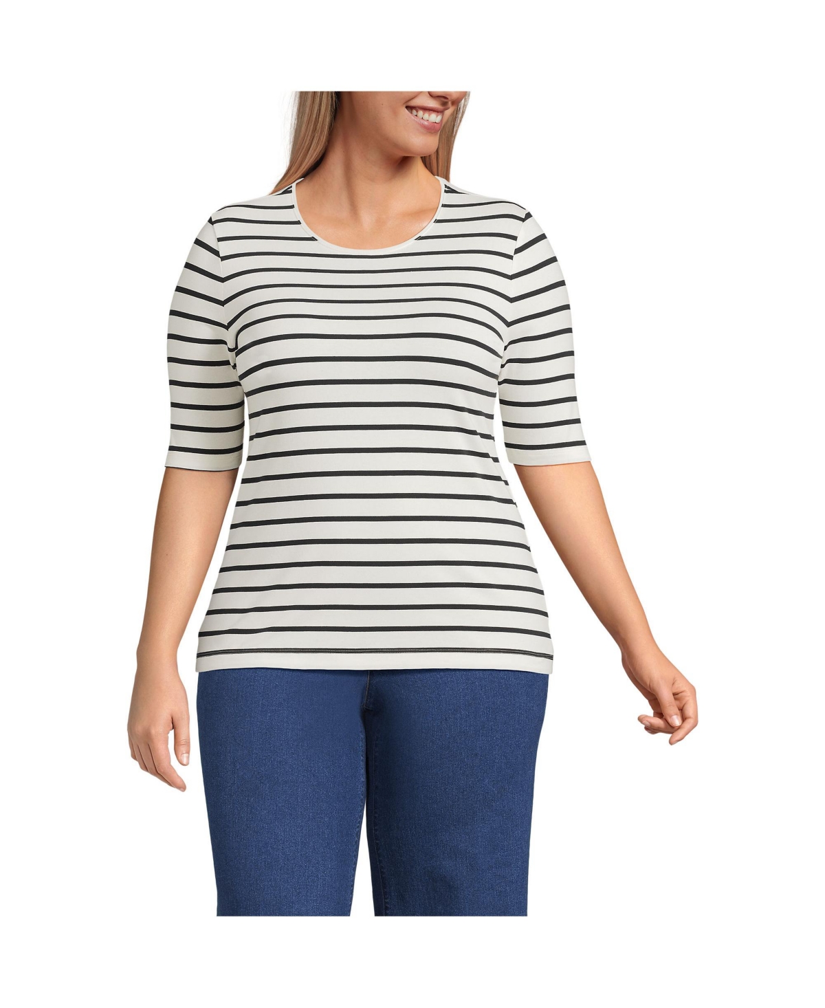 Plus Size Lightweight Jersey Skimming Elbow Sleeve Crew Neck T-shirt - Ivory/black breton stripe