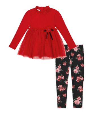 Kids Headquarters Little Girl Ribbing and Mesh Tunic Floral Leggings, 2 ...