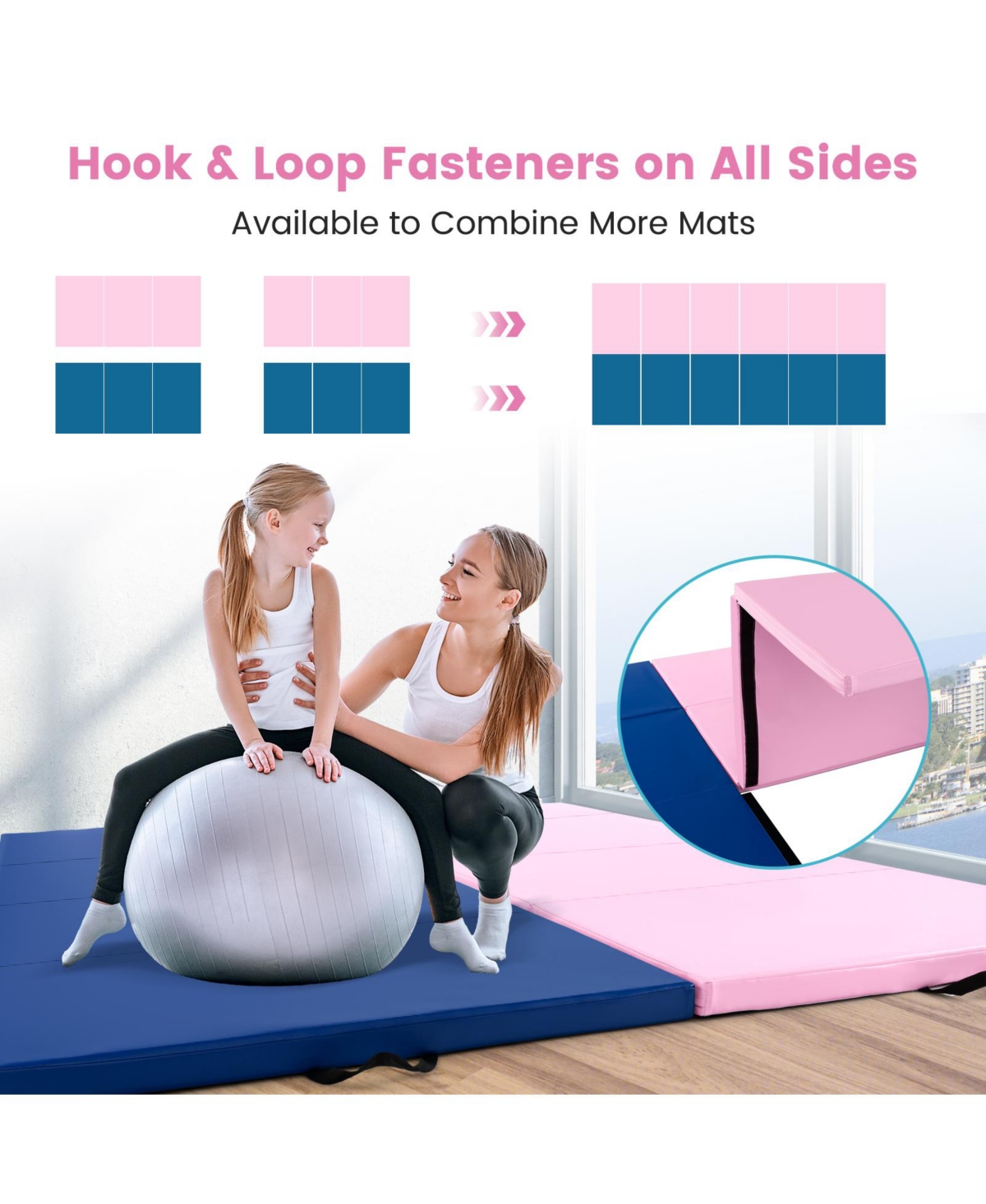 Skonyon 4-Panel Pu Leather Folding Exercise Mat with Carrying Handles- Pink