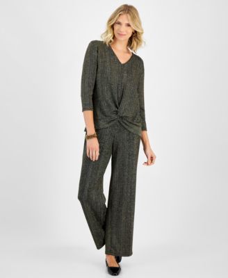 Womens Metallic Stripe Twist Front 3 4 Sleeve Top Metallic Stripe Wide Leg Pants Created For Macys